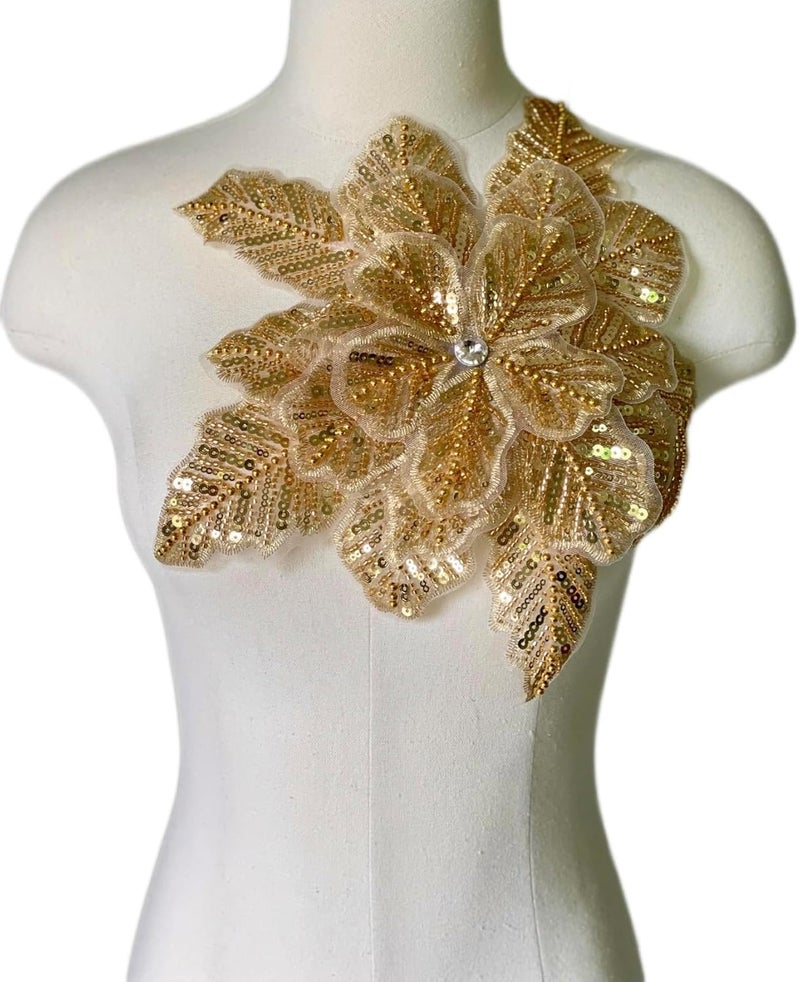 JRYYR Handmade Rhinestone lace Appliques, Sequin Flower Patches, Sewing Beaded Appliques for Dresses, Wedding Dresses, Bags and Other DIY Decorative Accessories (Gold-08) - Image 5